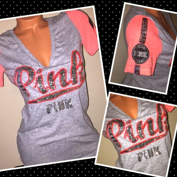 PINK Victoria's Secret Bling Sequin Heather Gray Orange Perfect Tee NWT Large - Picture 1 of 9